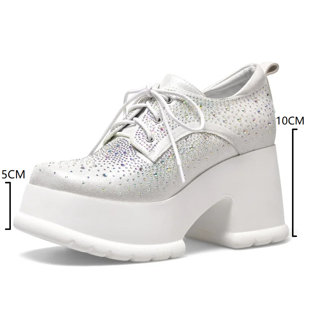 Spring Autumn New Fashion Sexy 10 CM Block Heel Square Toe Platform Cross-tied Bling Crystals Pigskin Inside Women Modern Pumps 60127