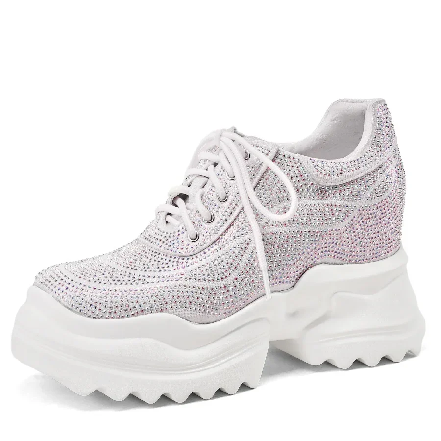 Spring Autumn New Korean Style Sexy Height Increasing Platform Cross-tied Crystal Genuine Leather Women Casual Shoes Sneakers 60127