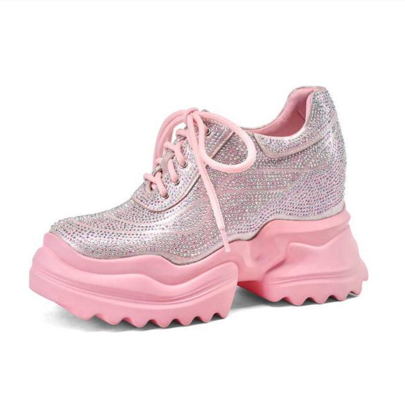 Spring Autumn New Korean Style Sexy Height Increasing Platform Cross-tied Crystal Genuine Leather Women Casual Shoes Sneakers 60127
