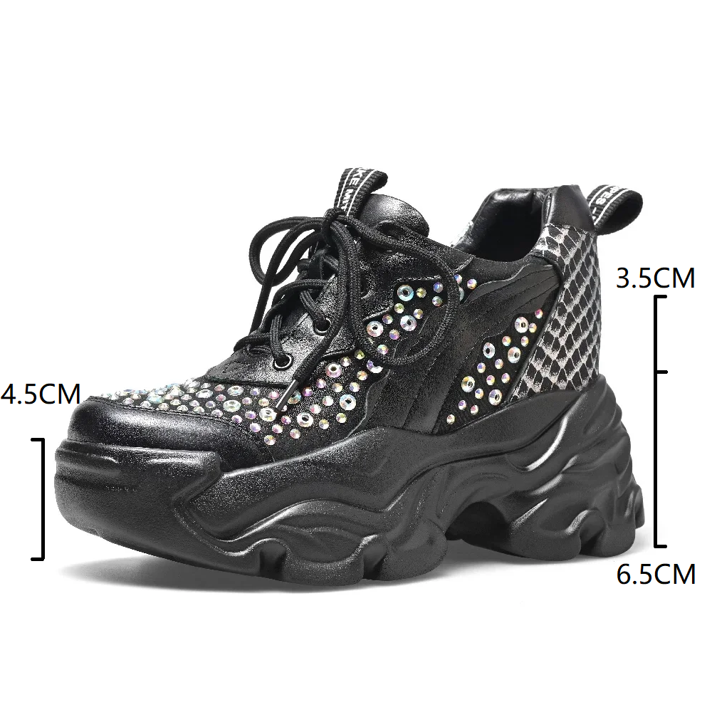 Spring Autumn New Korean Style Slim Height Increasing Platform Crystal Genuine Leather Lace-Up Women Casual Shoes Sneakers 60127