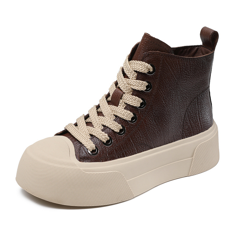 New Spring Autumn Women's Genuine Leather High Top Sneakers 5 CM Platform Short Plush Warm Color Block Lace Up Side Zipper Ankle Boots  60127