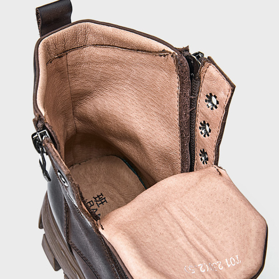 Spring Autumn New British Style Retro Chunky Bottom Cross-tied Genuine Leather Men Double Zippers Mid-Calf Half Motorcycle Boots Winter Plush 60127
