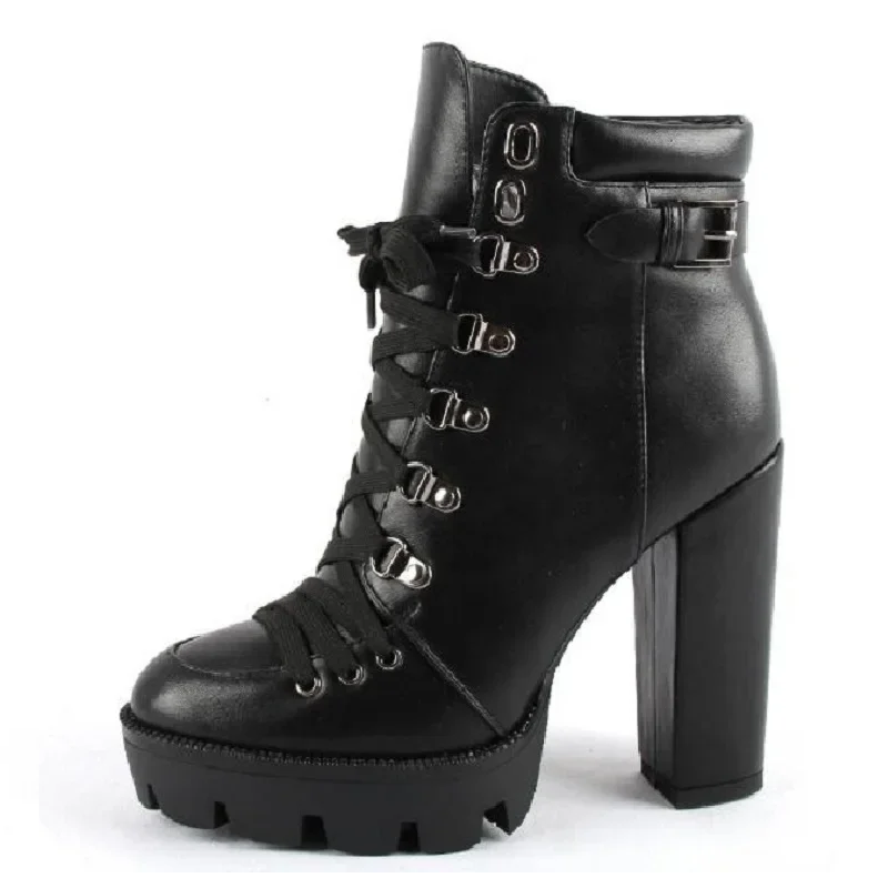 Spring Autumn New Sexy Slim Thick High Heels Platform Cross-tied Buckle Belt Plus Size 40-43 Women Ankle Short Modern Boots 1104