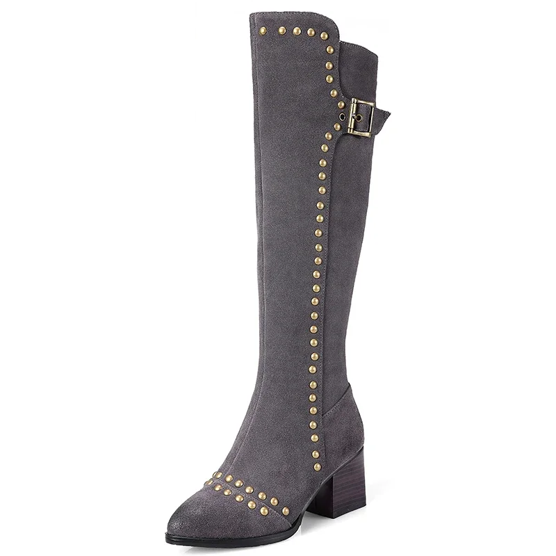 Women Winter Retro Thick Mid Heel Buckle Rivets Genuine Leather Flock Fashion Knee High Boots Size 33-41 SXQ1013 60127