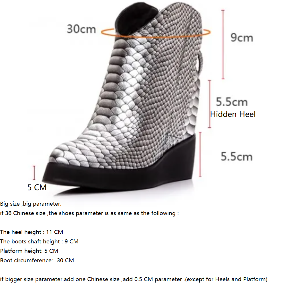 Autumn Winter Women Wedges Chunky Heel Genuine Leather 11 CM Height Increase Elevator Pointed Toe Fashion Ankle Boots 34-39 60127