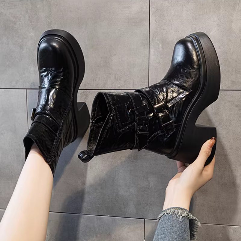 Women's Genuine Leather Spring Autumn Motorcycle Boots Zipper 9 CM Square Heel Belt Buckle Solid Winter Short Plush Ankle Boots 60127