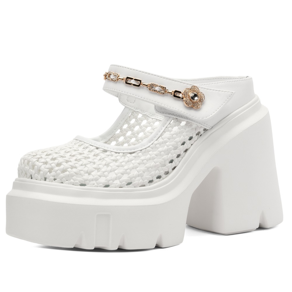 Women Summer New 12 CM Block Heel Semi Sandals Woven Cut Out Platform Metal Chain Low-Cut Rhinestone Flower Slippers Shoes 60128