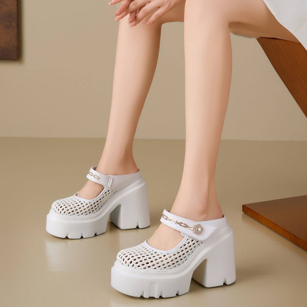 Women Summer New 12 CM Block Heel Semi Sandals Woven Cut Out Platform Metal Chain Low-Cut Rhinestone Flower Slippers Shoes 60128