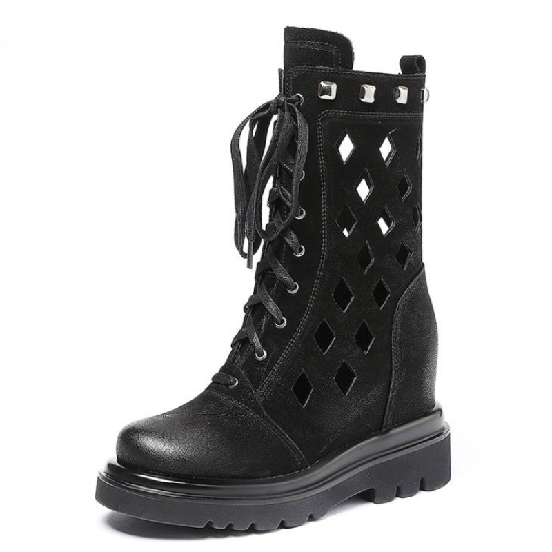 Summer New British Style Slim 10 CM Height Increasing Platform Cut Out Cross-tied Side Zipper Genuine Leather Women Mid-Calf Half Modern Boots 60128