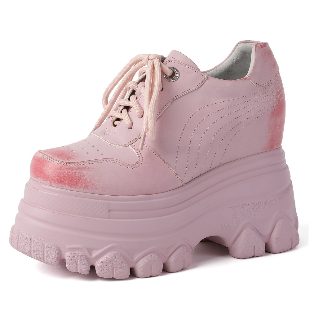 Spring Autumn New Korean Style Slim 12 CM Height Increasing Platform Mixed Colors Lace-Up Antique Wash Genuine Leather Women Casual Shoes Sneakers 60128