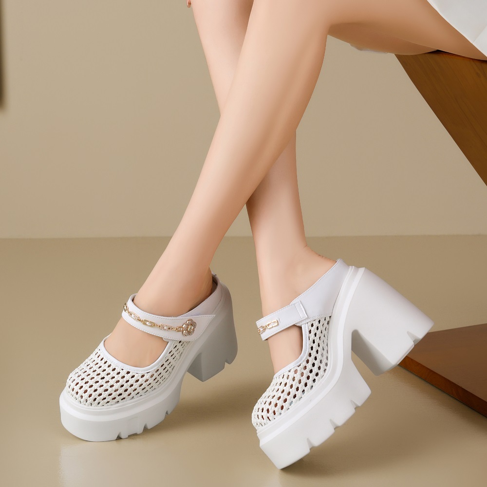 Women Summer New 12 CM Block Heel Semi Sandals Woven Cut Out Platform Metal Chain Low-Cut Rhinestone Flower Slippers Shoes 60128