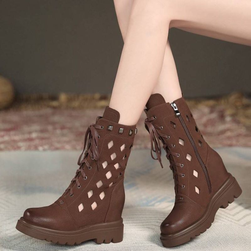 Summer New British Style Slim 10 CM Height Increasing Platform Cut Out Cross-tied Side Zipper Genuine Leather Women Mid-Calf Half Modern Boots 60128