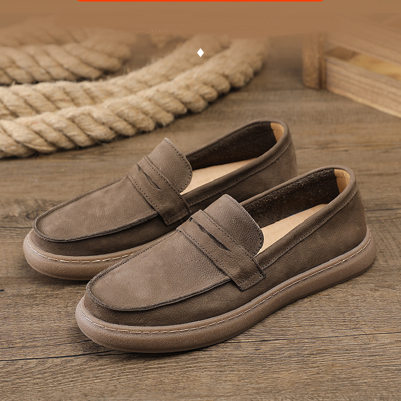 Spring Autumn New British Style Retro Flat Bottom Sewing Slip-On Genuine Leather Men Casual Flats Male Sneakers 2312