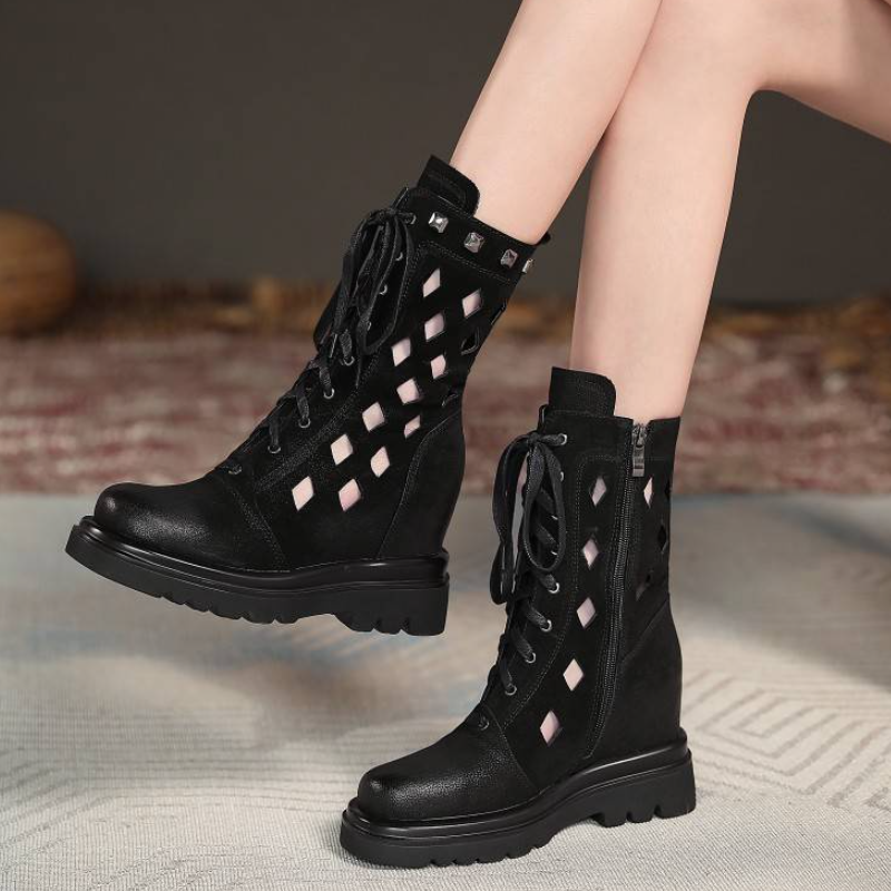 Summer New British Style Slim 10 CM Height Increasing Platform Cut Out Cross-tied Side Zipper Genuine Leather Women Mid-Calf Half Modern Boots 60128