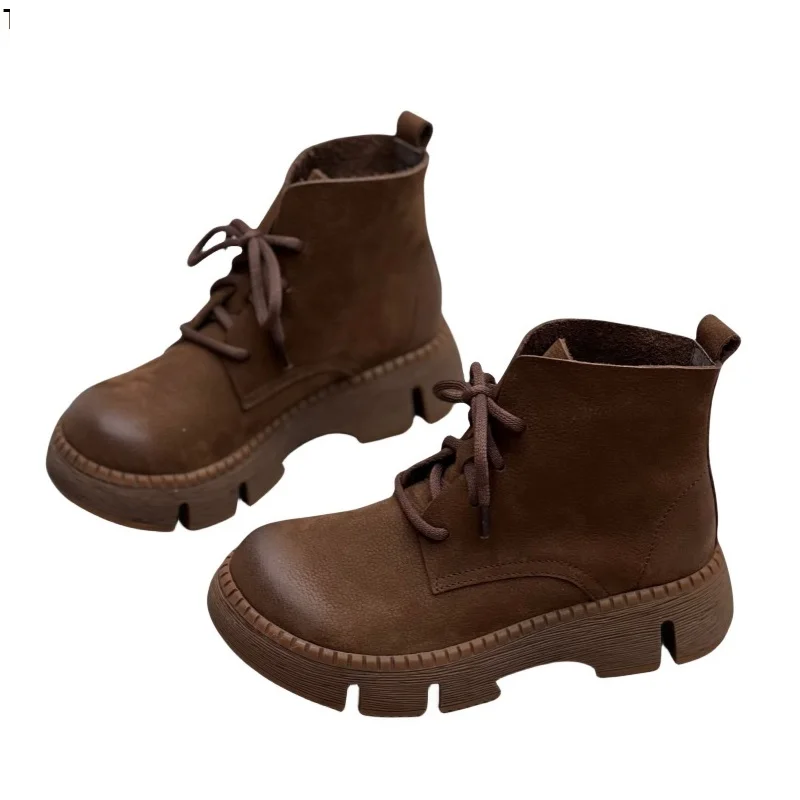 Spring Autumn New British Style Retro Chunky Bottom Platform Sewing Lace-Up Genuine Leather Women Ankle Short Motorcycle Boots 60128