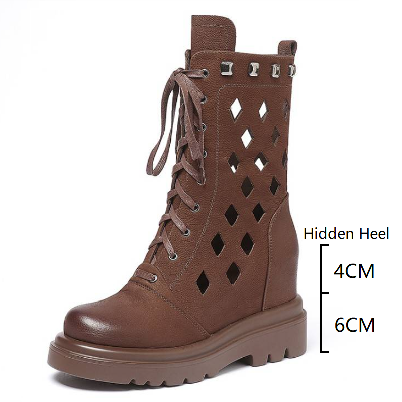 Summer New British Style Slim 10 CM Height Increasing Platform Cut Out Cross-tied Side Zipper Genuine Leather Women Mid-Calf Half Modern Boots 60128