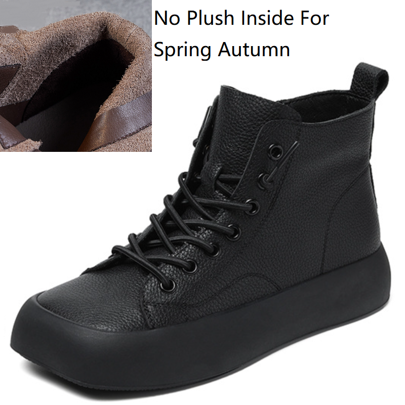Spring Autumn New Retro 4 CM Chunky Bottom Platform Square Toe Cross Tied Genuine Leather Women Casual Ankle Short Motorcycle Boots Winter Plush 60128