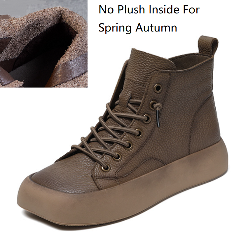 Spring Autumn New Retro 4 CM Chunky Bottom Platform Square Toe Cross Tied Genuine Leather Women Casual Ankle Short Motorcycle Boots Winter Plush 60128