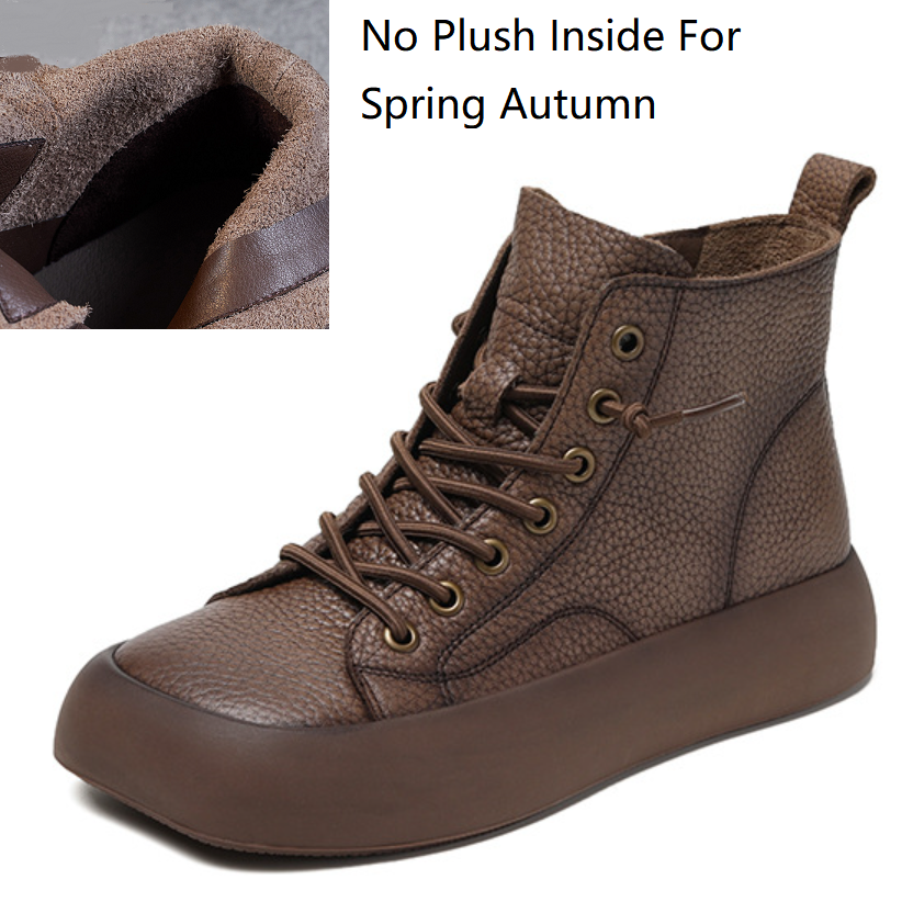 Spring Autumn New Retro 4 CM Chunky Bottom Platform Square Toe Cross Tied Genuine Leather Women Casual Ankle Short Motorcycle Boots Winter Plush 60128
