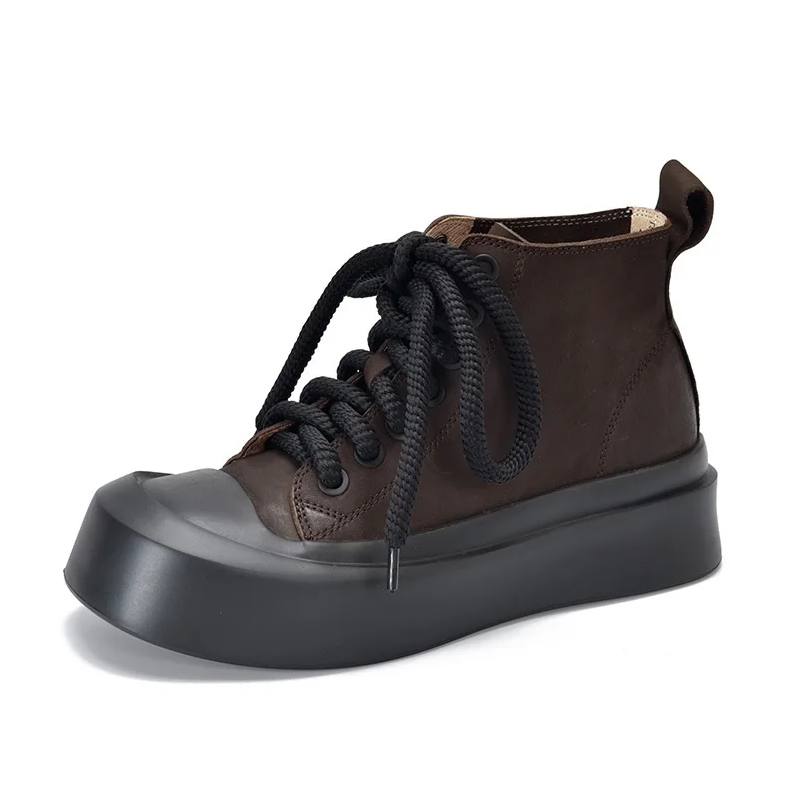 Spring Autumn Retro Chunky Bottom Platform Cross-tied Genuine Leather Women Ankle Short Motorcycle Boots Sneakers Winter Plush 60128