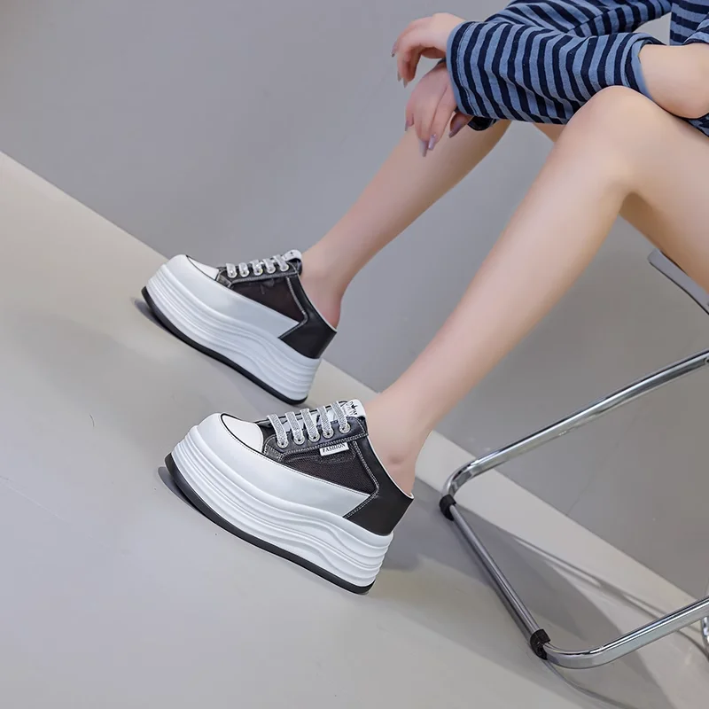 Women's Summer Fashion 12 CM Platform Genuine Split Leather & Mesh Sandals Rhinestones Lace-Up Casual Slippers Open Back Slip-On Shoes 50522