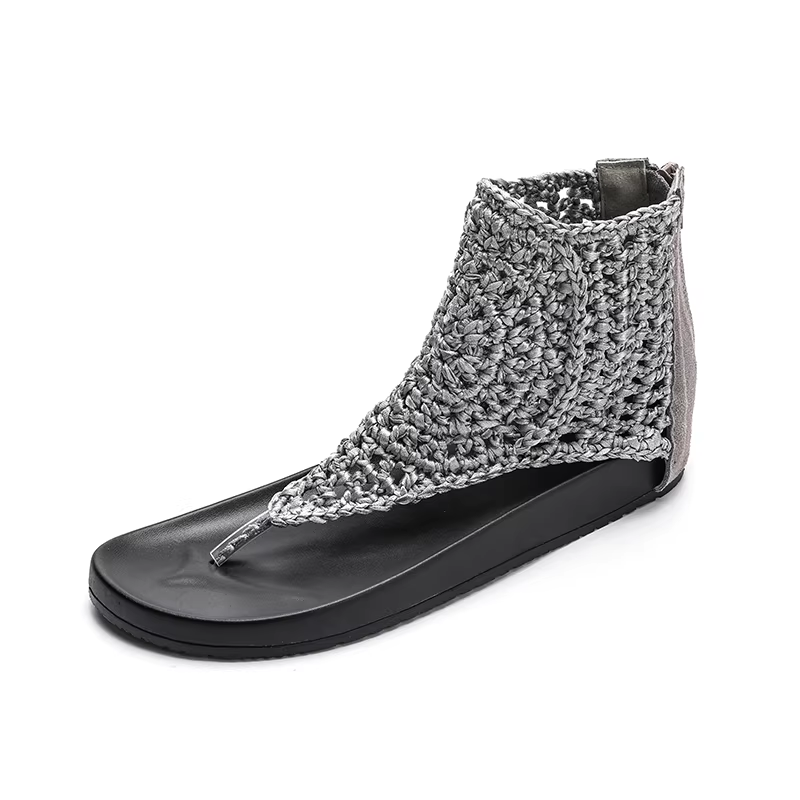 Summer New Korean Style Fashion Wedges Cut Out Knitting Toe Post Zipper Genuine Leather Women High Top Gladiator Casual Sandals 60128