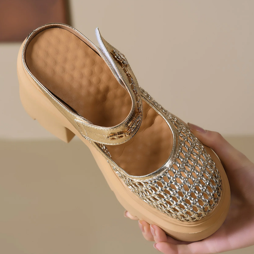 Women Summer New 12 CM Block Heel Semi Sandals Woven Cut Out Platform Metal Chain Low-Cut Rhinestone Flower Slippers Shoes 60128