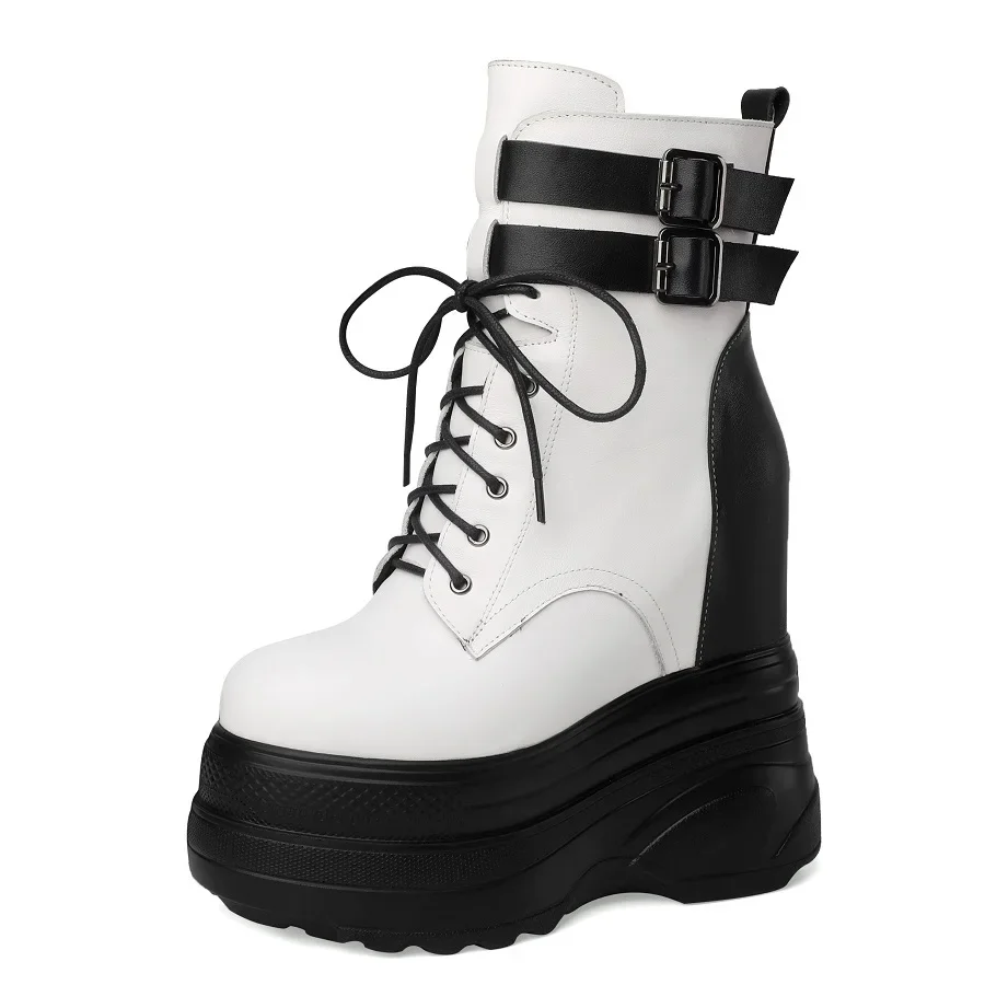 Spring Autumn New Slim 16 CM Super High Heels Platform Lace Up Side Zipper Belt Buckle Genuine Leather Color Block Women Mid-Calf Modern Boots Winter Plush 60129
