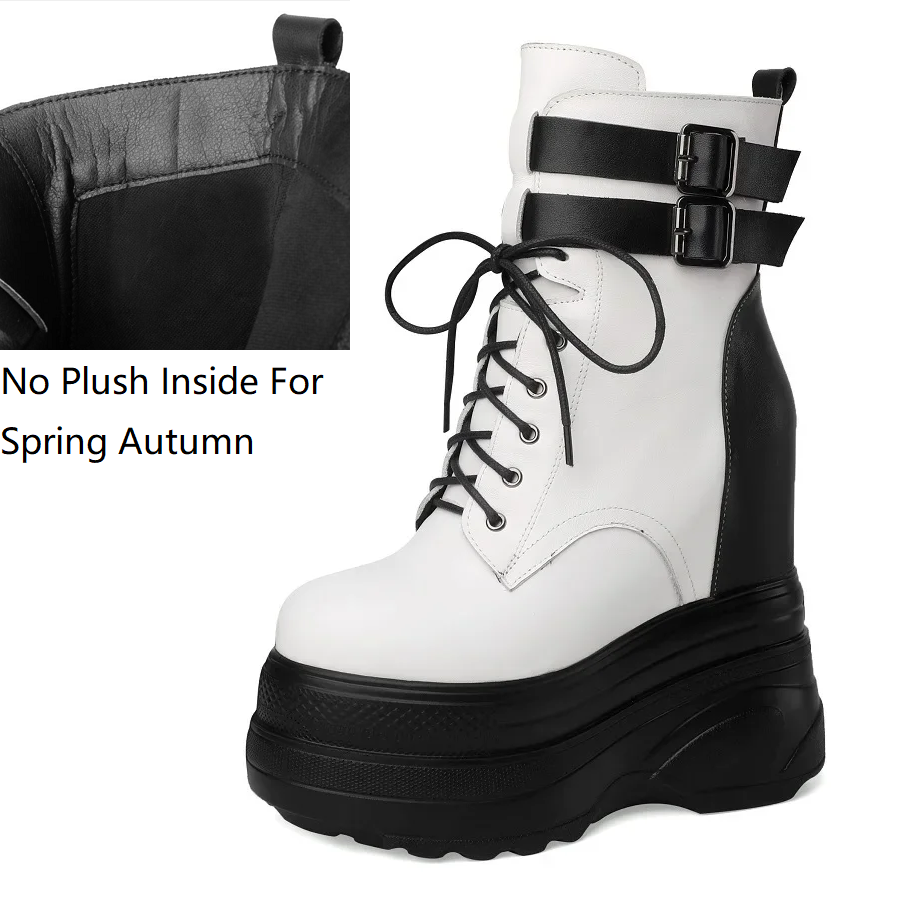 Spring Autumn New Slim 16 CM Super High Heels Platform Lace Up Side Zipper Belt Buckle Genuine Leather Color Block Women Mid-Calf Modern Boots Winter Plush 60129