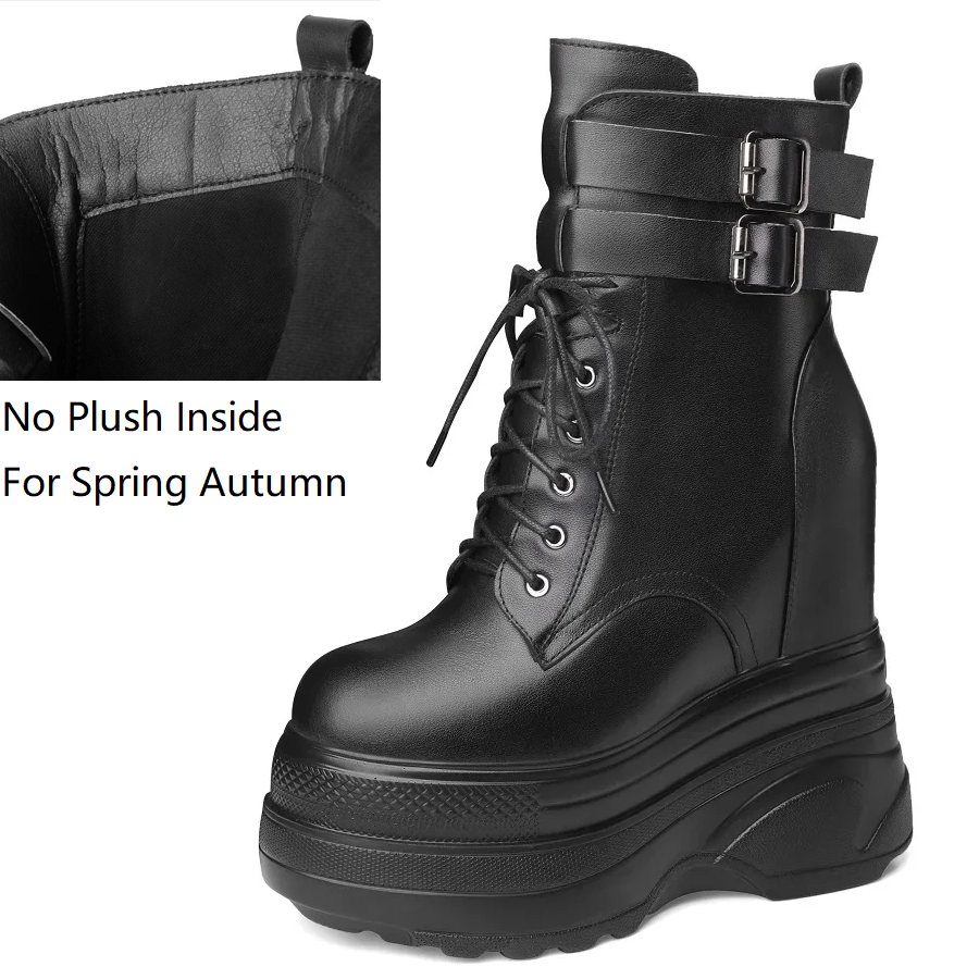 Spring Autumn New Slim 16 CM Super High Heels Platform Lace Up Side Zipper Belt Buckle Genuine Leather Color Block Women Mid-Calf Modern Boots Winter Plush 60129