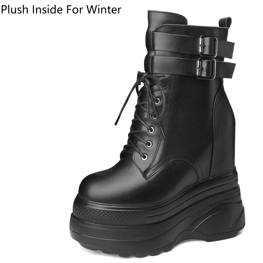 Spring Autumn New Slim 16 CM Super High Heels Platform Lace Up Side Zipper Belt Buckle Genuine Leather Color Block Women Mid-Calf Modern Boots Winter Plush 60129
