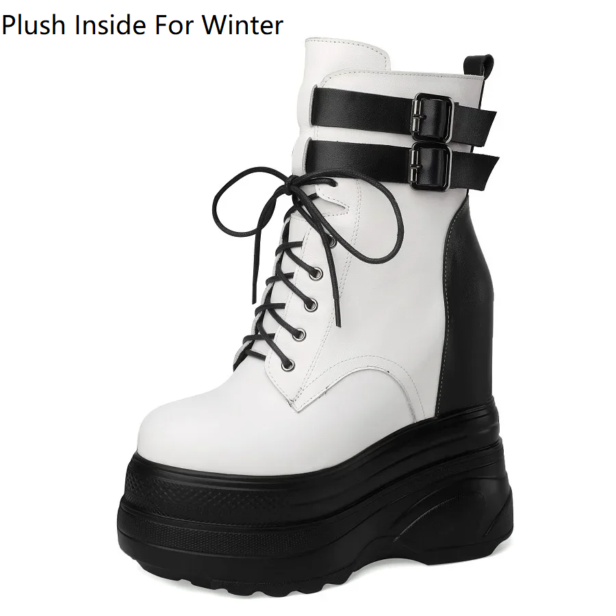 Spring Autumn New Slim 16 CM Super High Heels Platform Lace Up Side Zipper Belt Buckle Genuine Leather Color Block Women Mid-Calf Modern Boots Winter Plush 60129