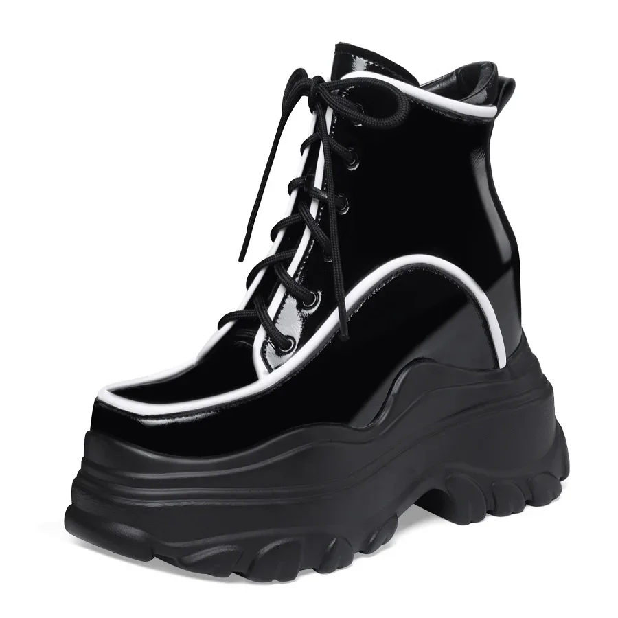 Spring Autumn New Fashion 12 CM Super High Heels Platform Cross-tied Patent Leather Side Zipper Women Ankle Short Modern Boots Winter Plush 60129