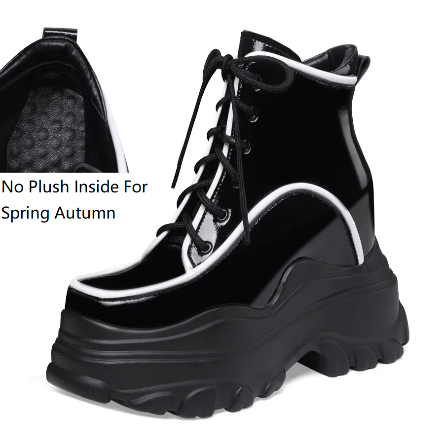 Spring Autumn New Fashion 12 CM Super High Heels Platform Cross-tied Patent Leather Side Zipper Women Ankle Short Modern Boots Winter Plush 60129