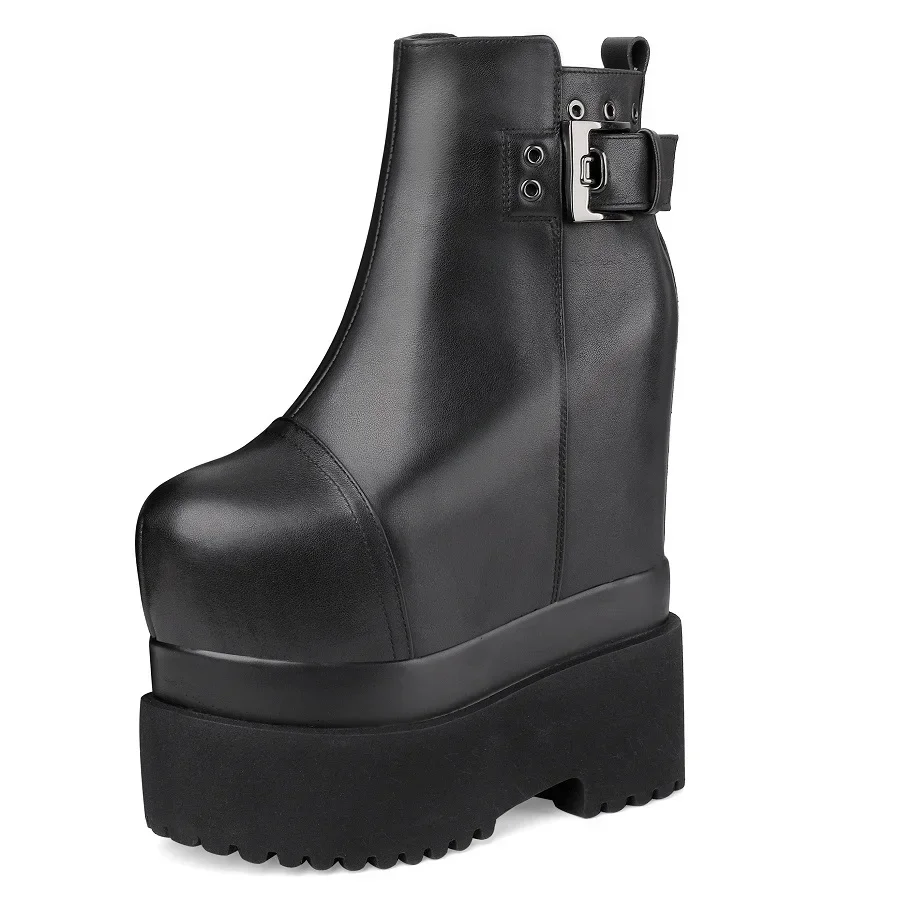 Spring Autumn Sexy 18 CM Super High Heels Platform Sewing Rivet Belt Buckle Genuine Leather Concise Women Ankle Boots Winter Plush 60129