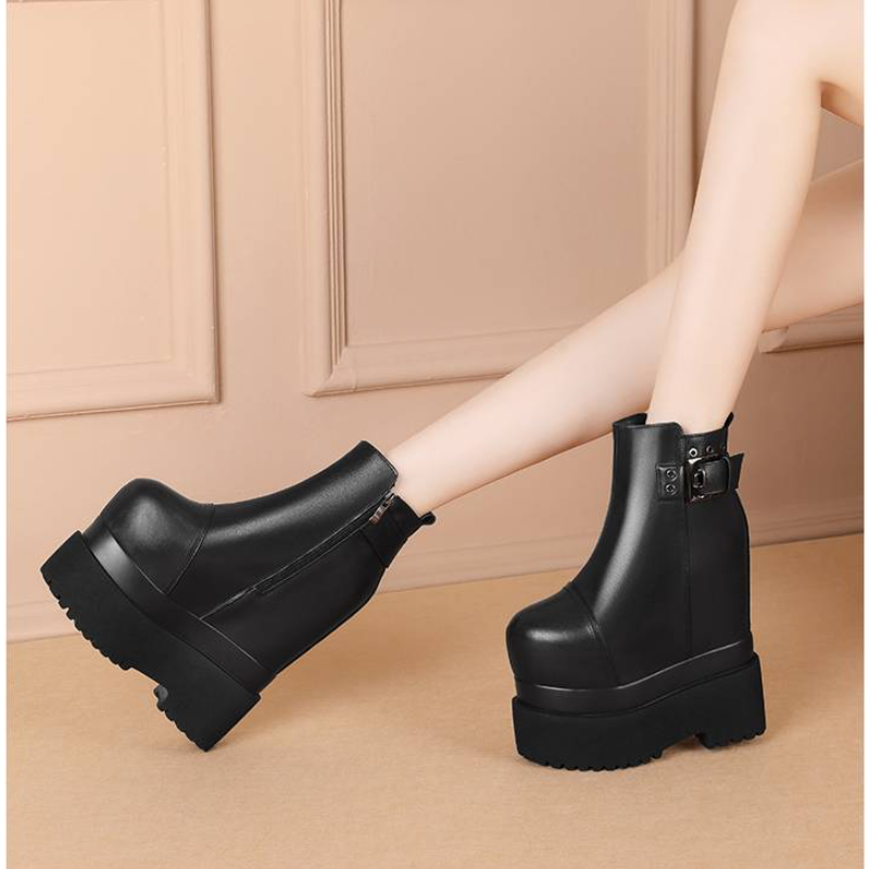 Spring Autumn Sexy 18 CM Super High Heels Platform Sewing Rivet Belt Buckle Genuine Leather Concise Women Ankle Boots Winter Plush 60129