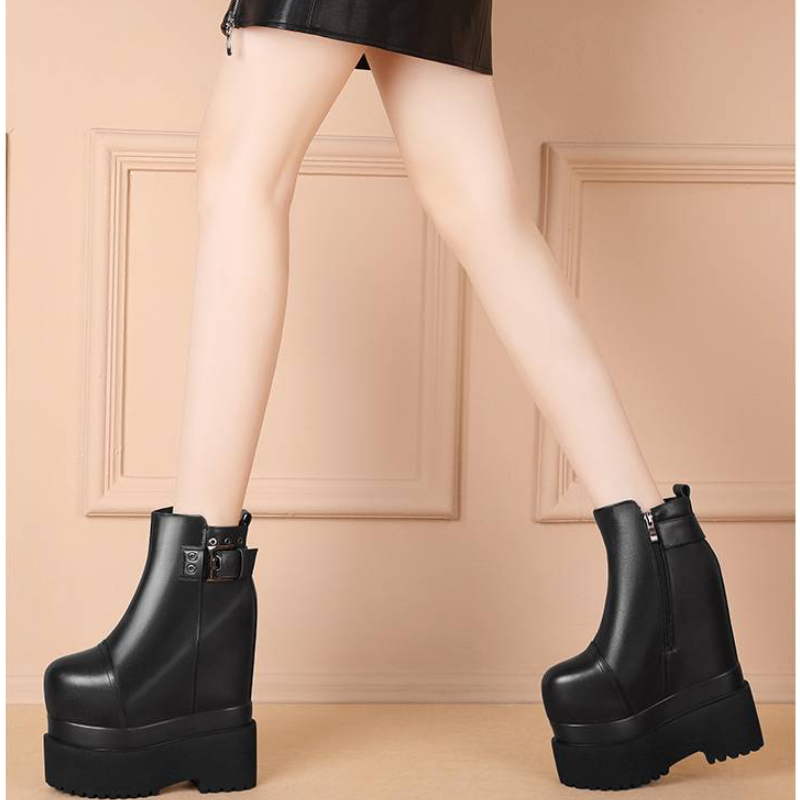 Spring Autumn Sexy 18 CM Super High Heels Platform Sewing Rivet Belt Buckle Genuine Leather Concise Women Ankle Boots Winter Plush 60129