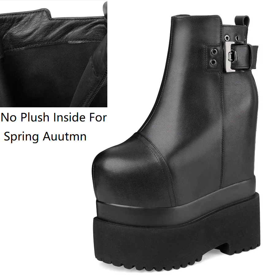 Spring Autumn Sexy 18 CM Super High Heels Platform Sewing Rivet Belt Buckle Genuine Leather Concise Women Ankle Boots Winter Plush 60129