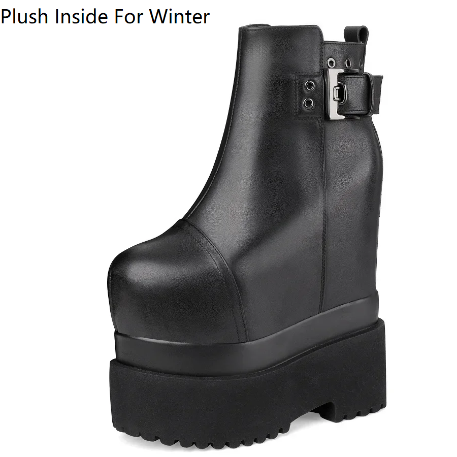 Spring Autumn Sexy 18 CM Super High Heels Platform Sewing Rivet Belt Buckle Genuine Leather Concise Women Ankle Boots Winter Plush 60129