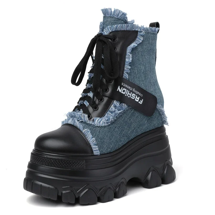 Spring Autumn New Slim 12 CM Height Increasing Platform Fringe Cross-tied Denim Color Block Women Ankle Short Chunky Modern Boots Winter Plush 60129