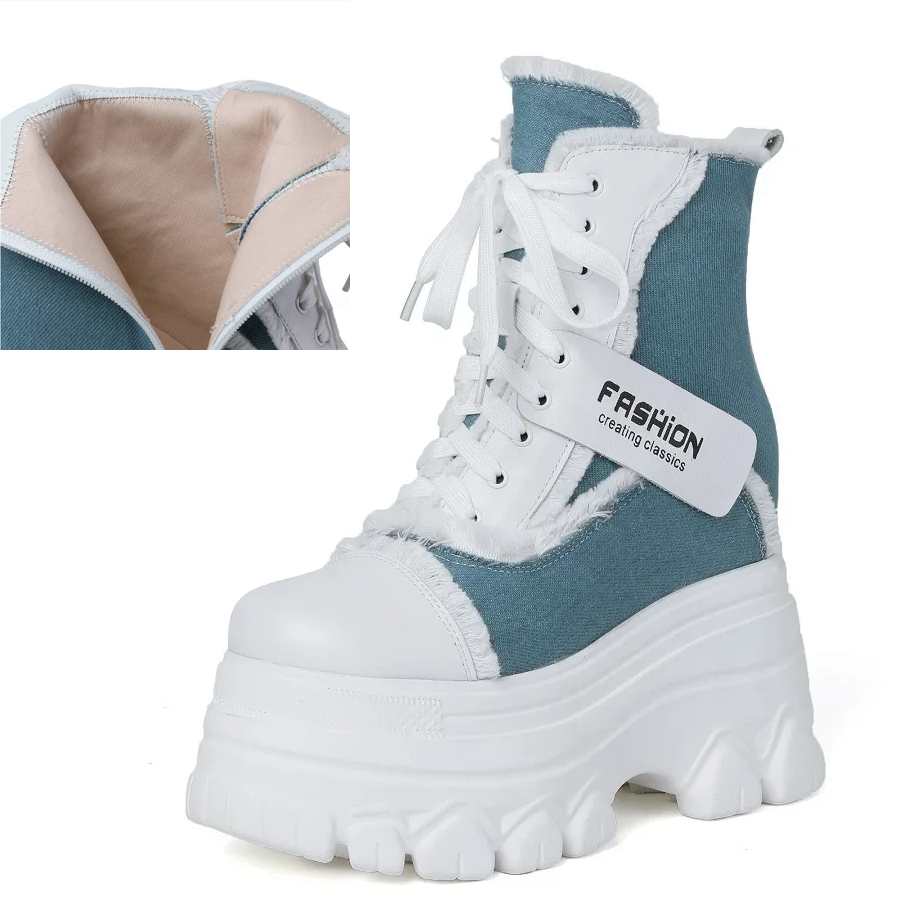 Spring Autumn New Slim 12 CM Height Increasing Platform Fringe Cross-tied Denim Color Block Women Ankle Short Chunky Modern Boots Winter Plush 60129