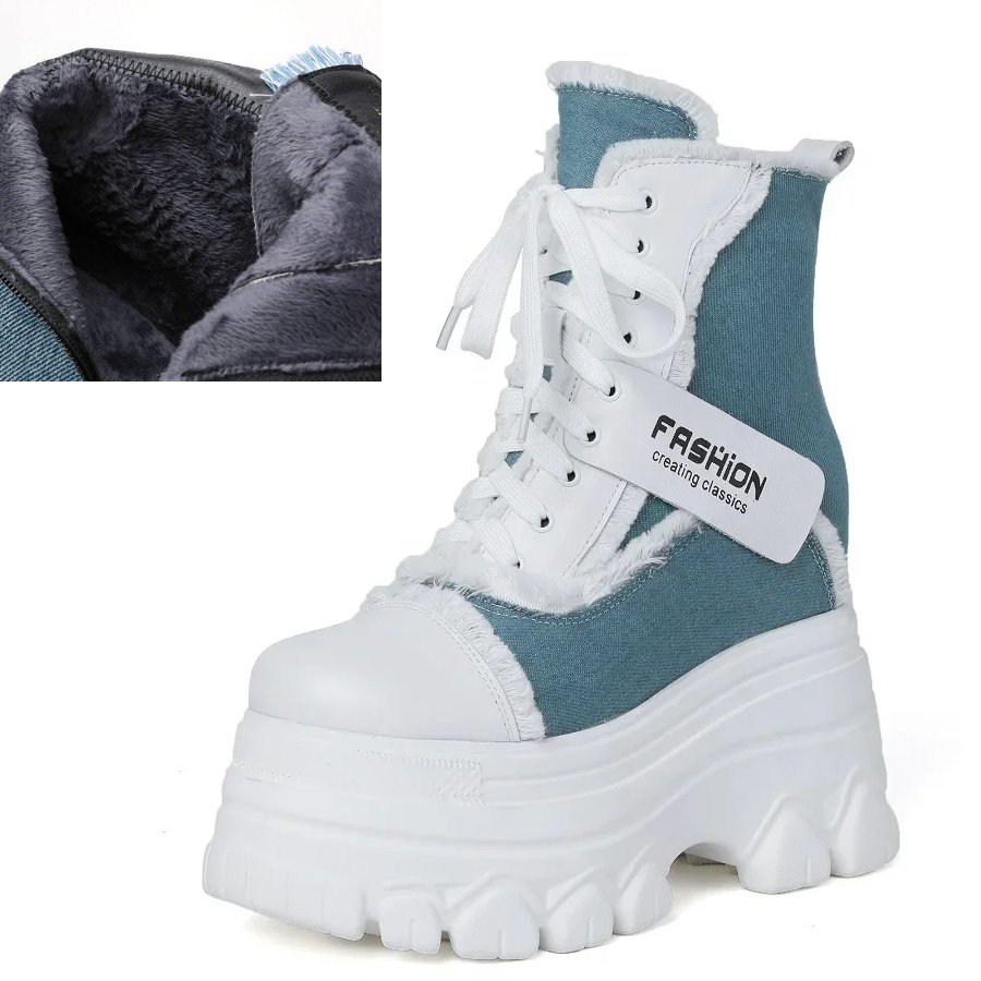 Spring Autumn New Slim 12 CM Height Increasing Platform Fringe Cross-tied Denim Color Block Women Ankle Short Chunky Modern Boots Winter Plush 60129