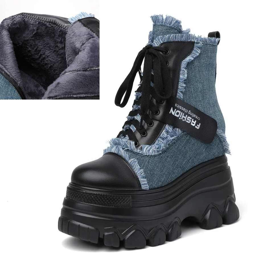 Spring Autumn New Slim 12 CM Height Increasing Platform Fringe Cross-tied Denim Color Block Women Ankle Short Chunky Modern Boots Winter Plush 60129
