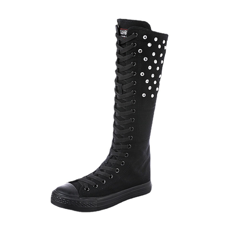 Spring Autumn New High-top Slim Canvas Crystal Cross-tied Zipper Plus Size 42 43 Women Long Knee-High Boots Ladies Dance Shoes 60129