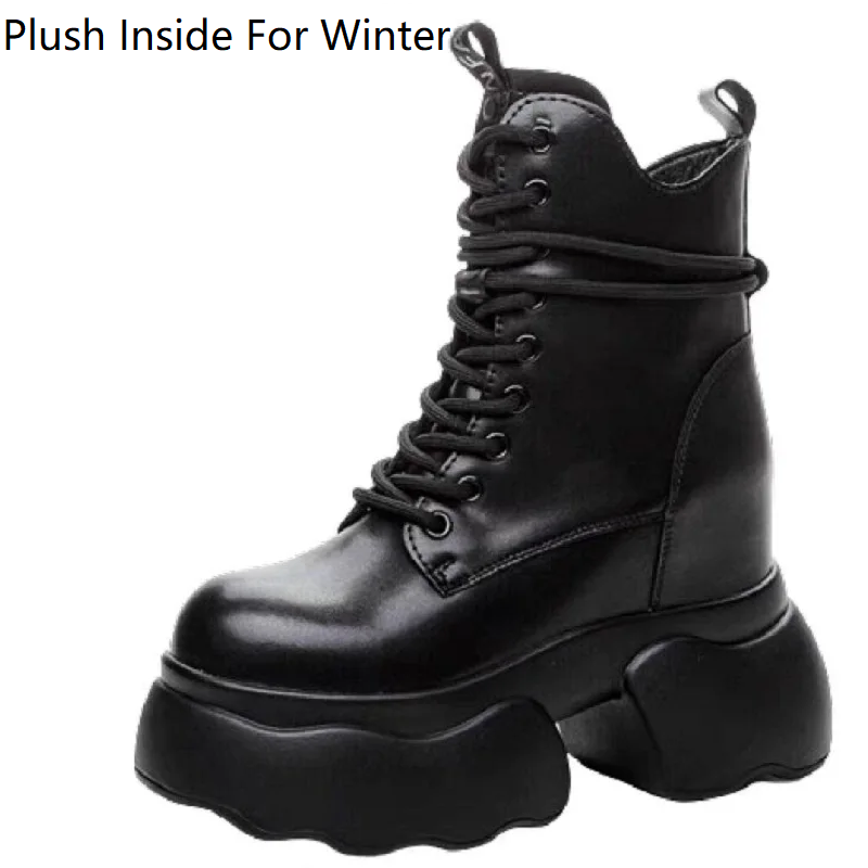 Spring Autumn New British Style Retro 12 CM Height Increasing Platform Cross-tied Winter Plush Warm Genuine Leather Zipper Women Mid-Calf Equestrian Boots 60130