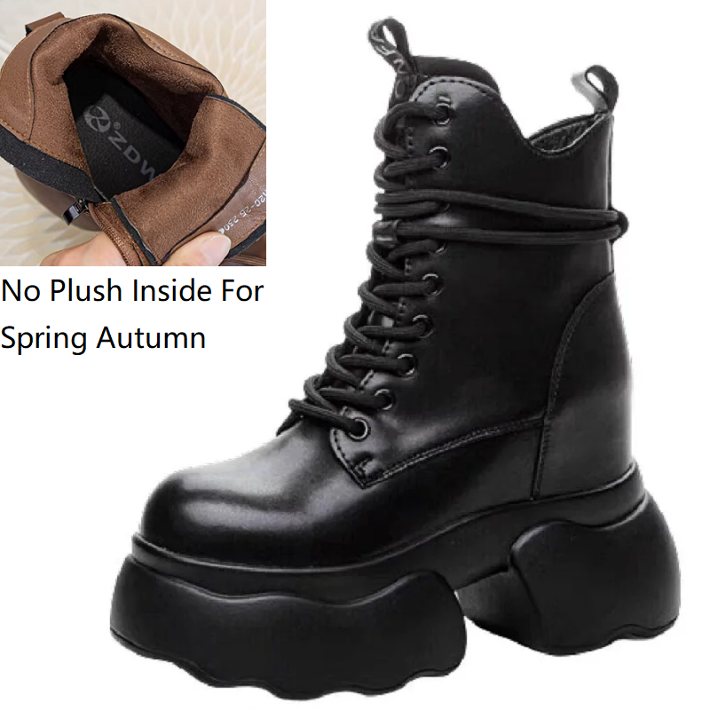 Spring Autumn New British Style Retro 12 CM Height Increasing Platform Cross-tied Winter Plush Warm Genuine Leather Zipper Women Mid-Calf Equestrian Boots 60130