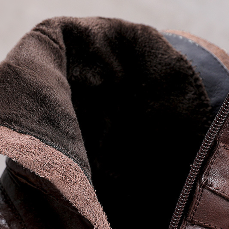 Genuine Leather Belt Buckle Winter Short Plush 6 CM Square Heel Motorcycle Boots Side Zipper Retro Platform Women's Boots 60130