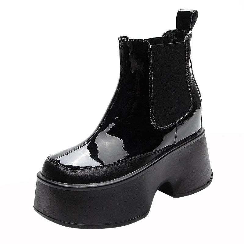 Spring Autumn New Slim 11 CM Height Increasing Platform Slip-On Patent Leather Color Block Women High Top Short Chelsea Boots Winter Plush 60130