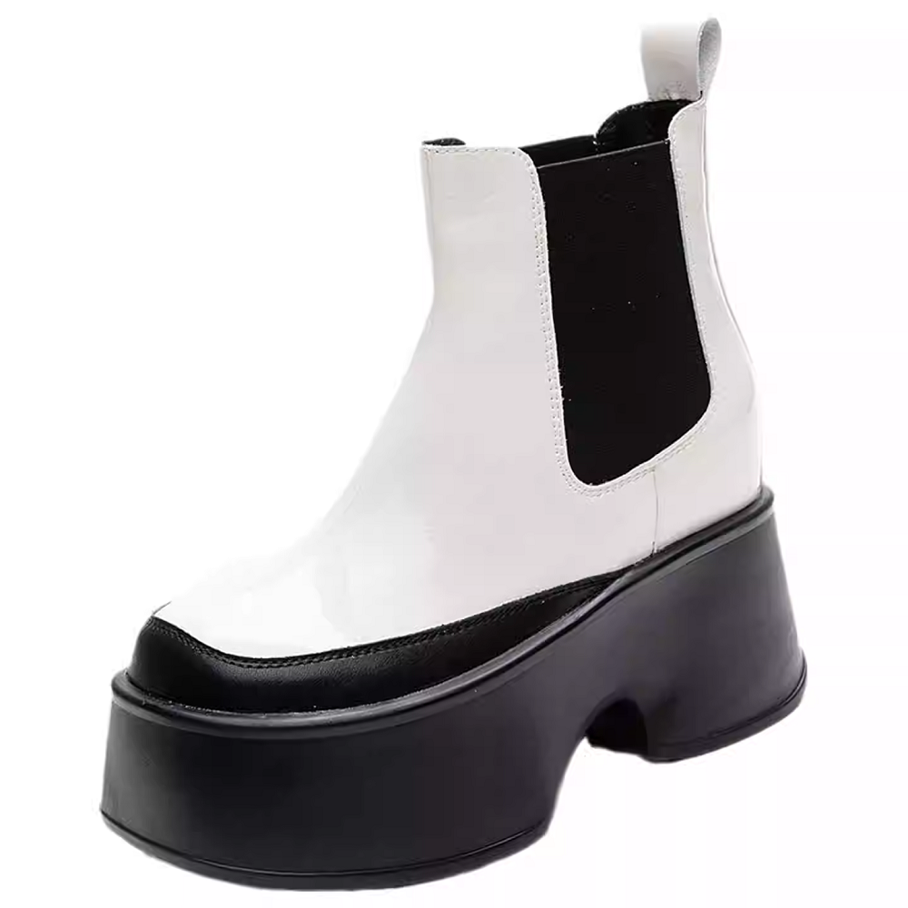 Spring Autumn New Slim 11 CM Height Increasing Platform Slip-On Patent Leather Color Block Women High Top Short Chelsea Boots Winter Plush 60130