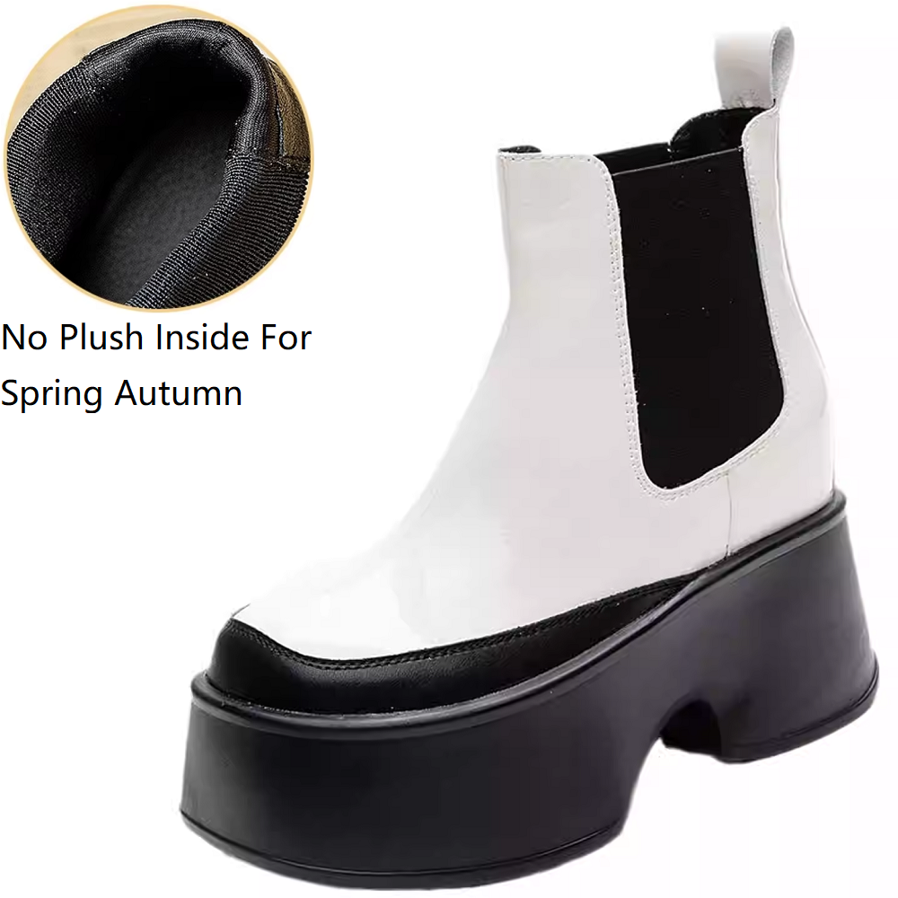 Spring Autumn New Slim 11 CM Height Increasing Platform Slip-On Patent Leather Color Block Women High Top Short Chelsea Boots Winter Plush 60130